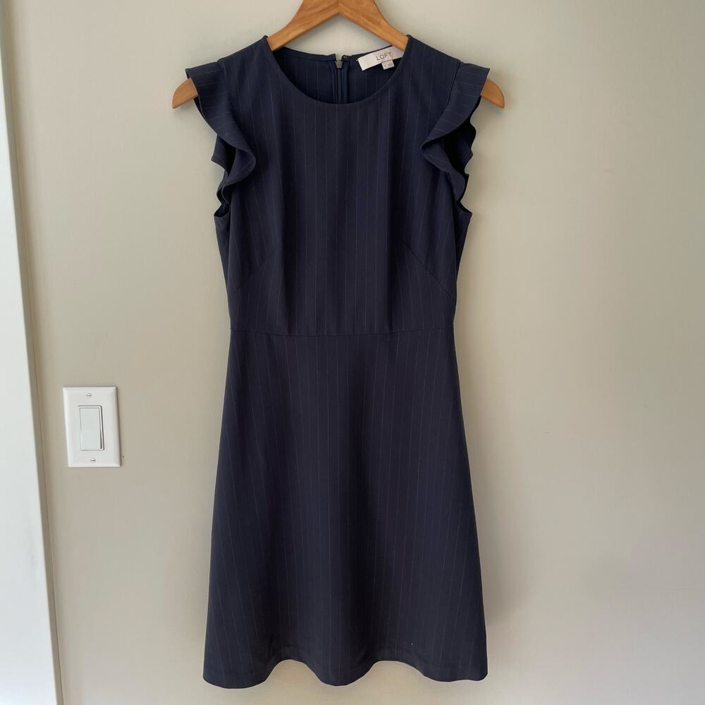 Loft Navy Pinstripe Ruffle Cap Sleeve Dress Size 0 Office Preppy Academia